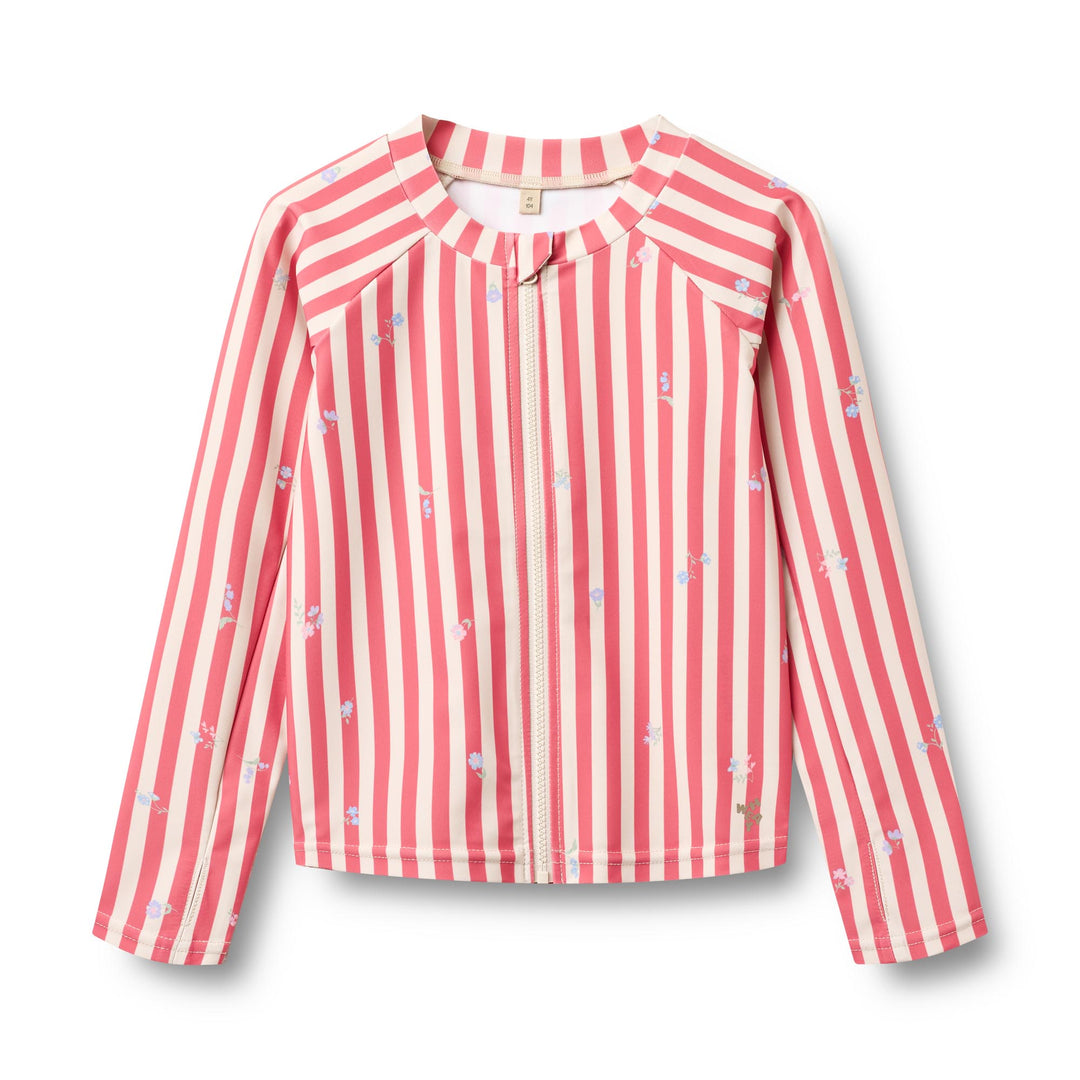 [Wheat]Swim T-shirt L/S Zip Ada - Red Stripe Flowers
