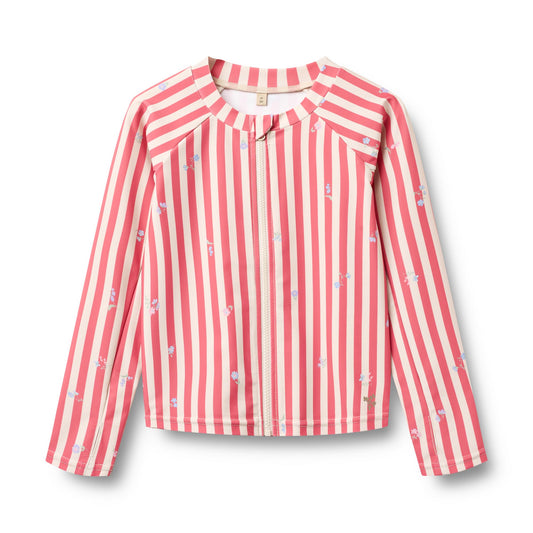 [Wheat]Swim T-shirt L/S Zip Ada - Red Stripe Flowers