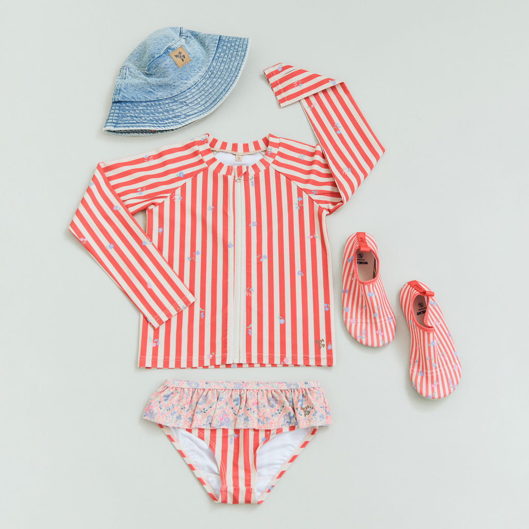 [Wheat]Swim T-shirt L/S Zip Ada - Red Stripe Flowers