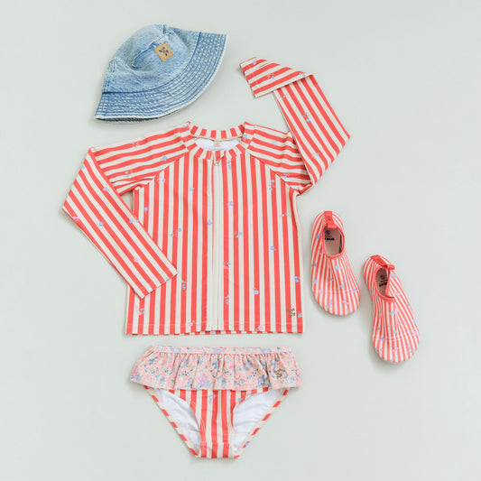 [Wheat]Swim T-shirt L/S Zip Ada - Red Stripe Flowers