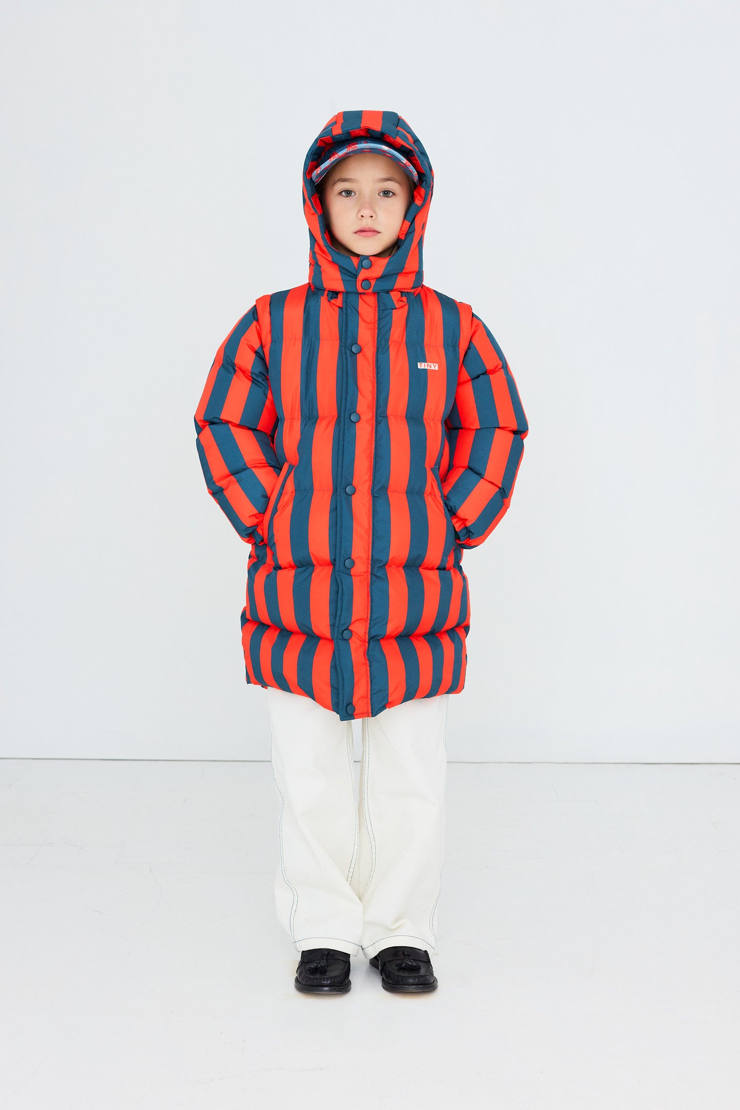[TINYCOTTONS]Retro-Blue Stripes Padded Jacket - Summer Red
