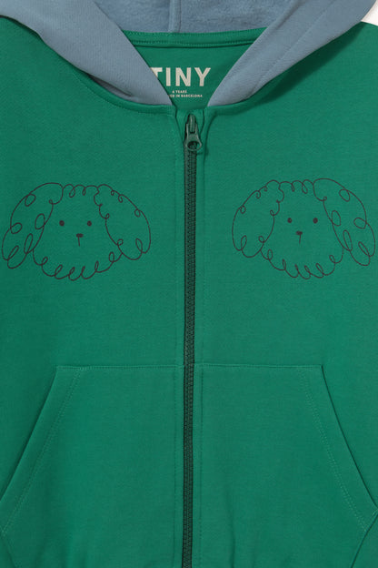 [TINYCOTTONS]Curly Dog Color Block Hoodie - Dark Emerald
