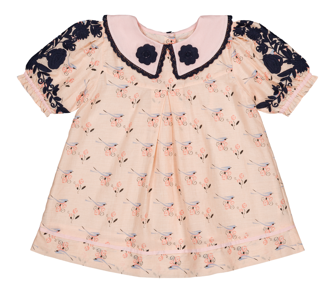 [Bachaa] Bird Print Blouse / Short Dress - Almond Cream