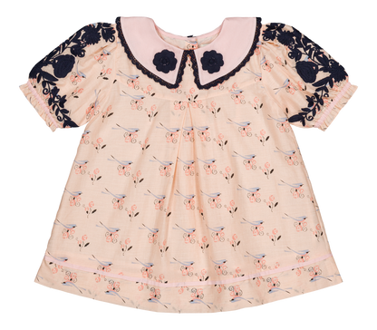 [Bachaa] Bird Print Blouse / Short Dress - Almond Cream