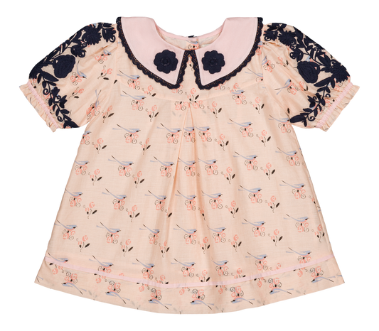 [Bachaa] Bird Print Blouse / Short Dress - Almond Cream