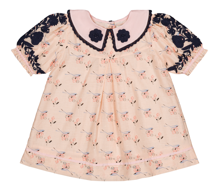 [Bachaa] Bird Print Blouse / Short Dress - Almond Cream
