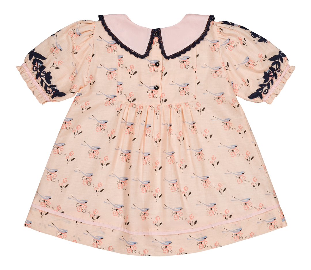 [Bachaa] Bird Print Blouse / Short Dress - Almond Cream