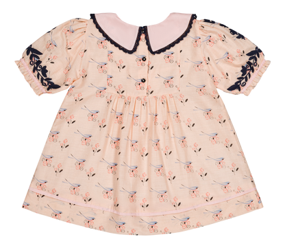 [Bachaa] Bird Print Blouse / Short Dress - Almond Cream