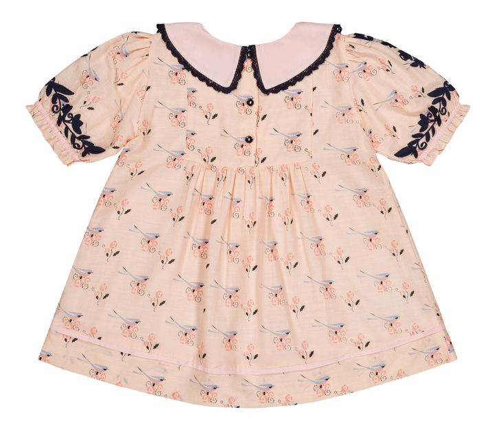 [Bachaa] Bird Print Blouse / Short Dress - Almond Cream