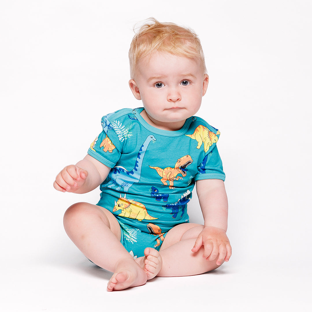 [Smafolk] Short Sleeved Baby Body With Dino - Teal