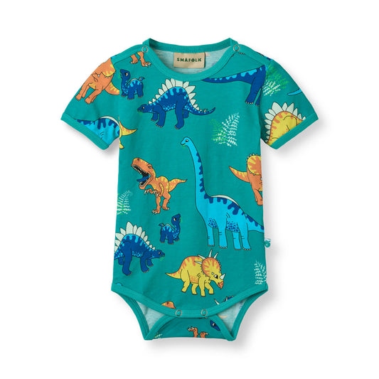 [Smafolk] Short Sleeved Baby Body With Dino - Teal