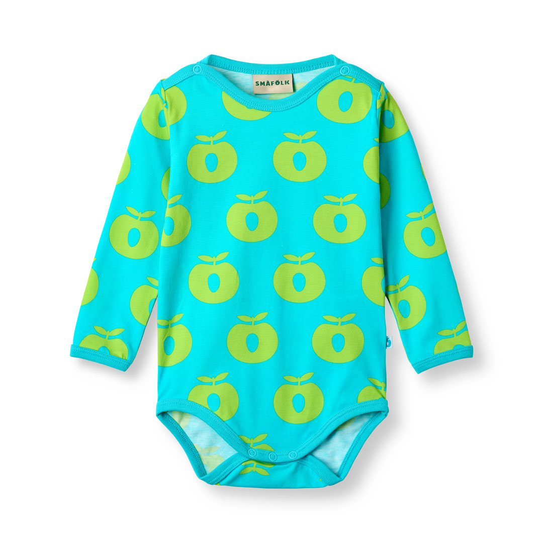 [Smafolk] Long Sleeved Baby Body with Apples - Blue Atoll