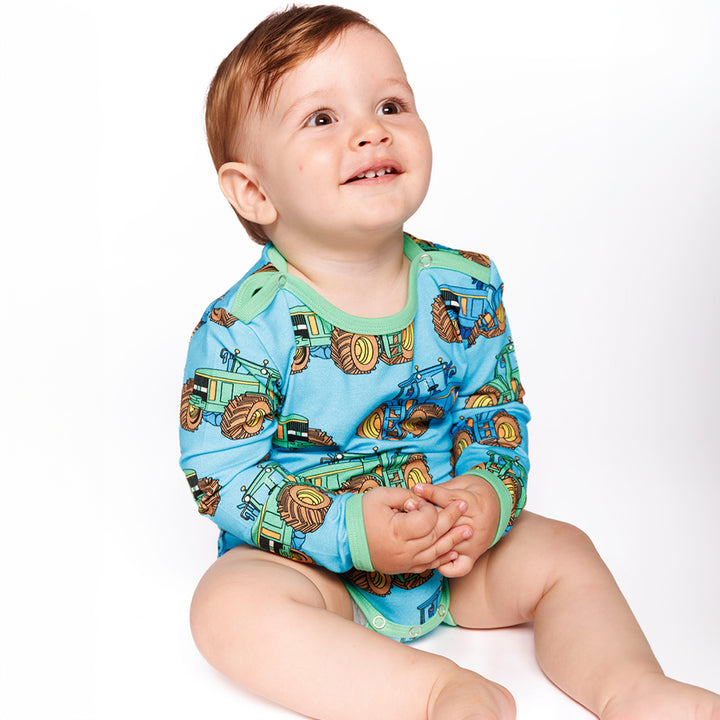 [Smafolk] Long Sleeved Baby Body with Tractor - Blue Atoll