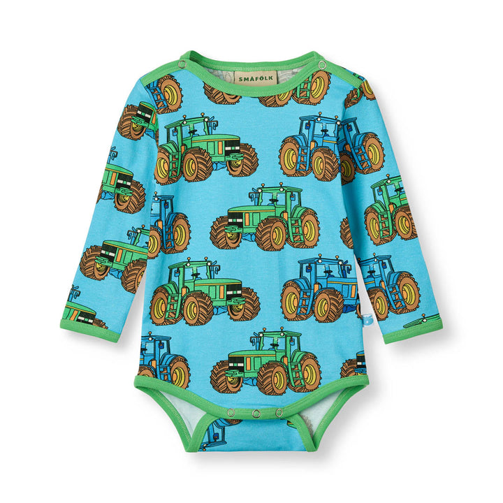 [Smafolk] Long Sleeved Baby Body with Tractor - Blue Atoll