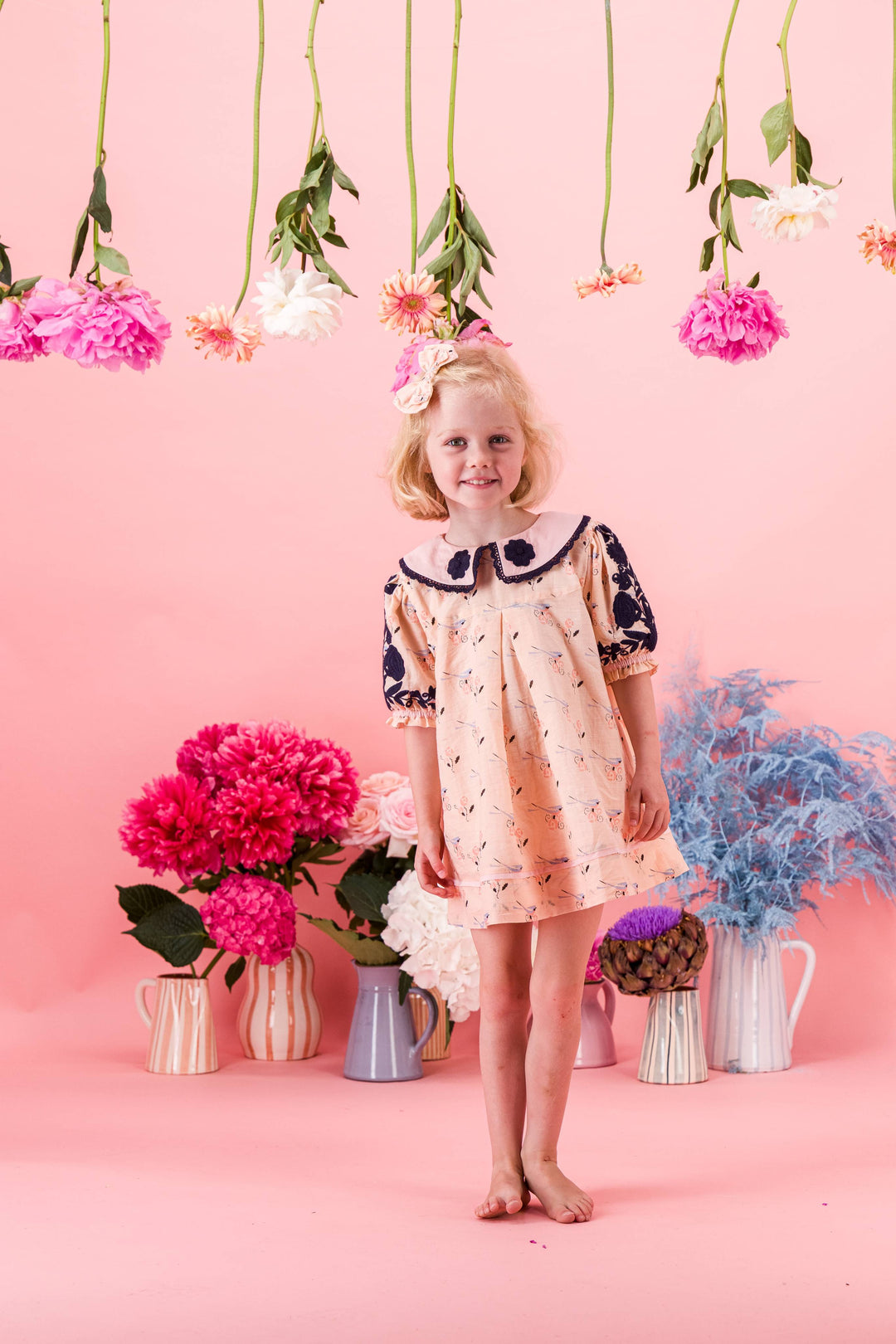 [Bachaa] Bird Print Blouse / Short Dress - Almond Cream