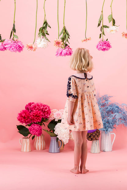 [Bachaa] Bird Print Blouse / Short Dress - Almond Cream