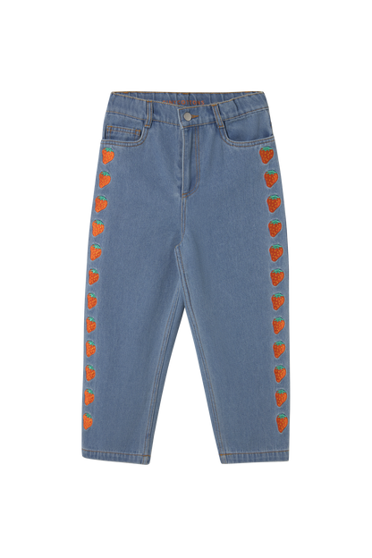 [TINYCOTTONS] Strawberries Embroidered Jeans - Light Blue