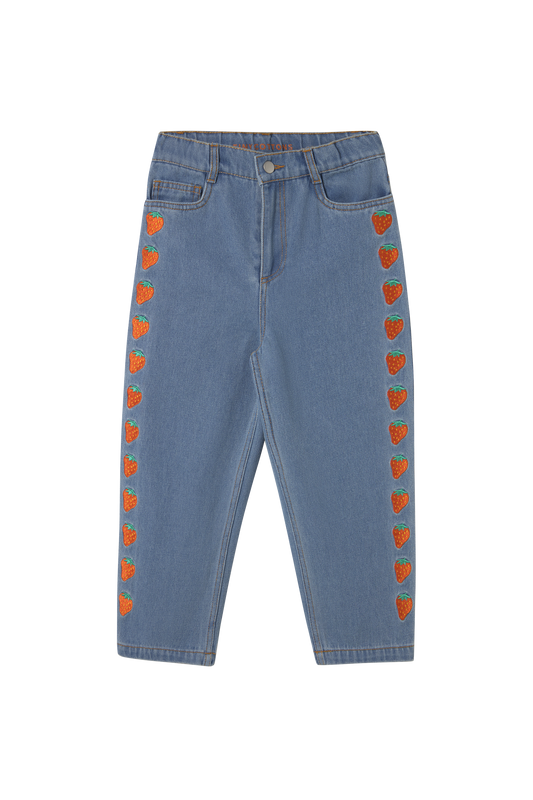 [TINYCOTTONS] Strawberries Embroidered Jeans - Light Blue
