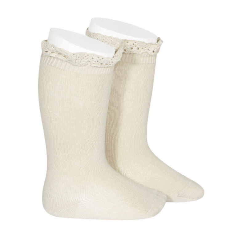 [Condor] Knee Socks With Lace Edging Cuff - [304 Linen]