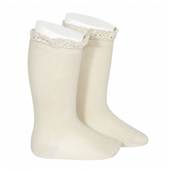 [Condor] Knee Socks With Lace Edging Cuff - [304 Linen]