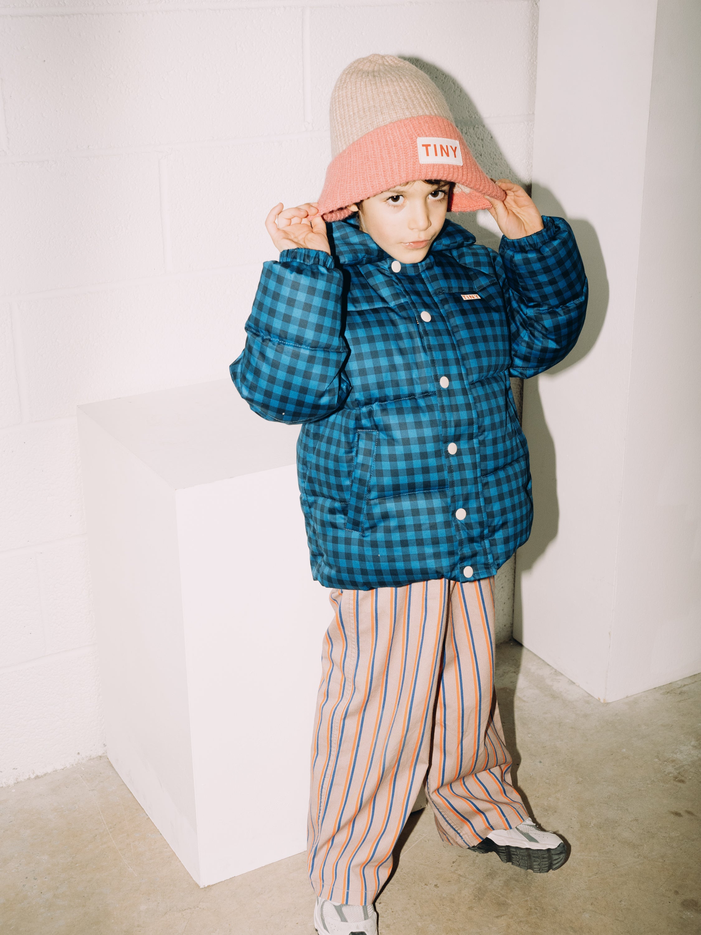 TINYCOTTONS] Vichy Short Padded Jacket - Blue / Navy – 해피리틀애틱