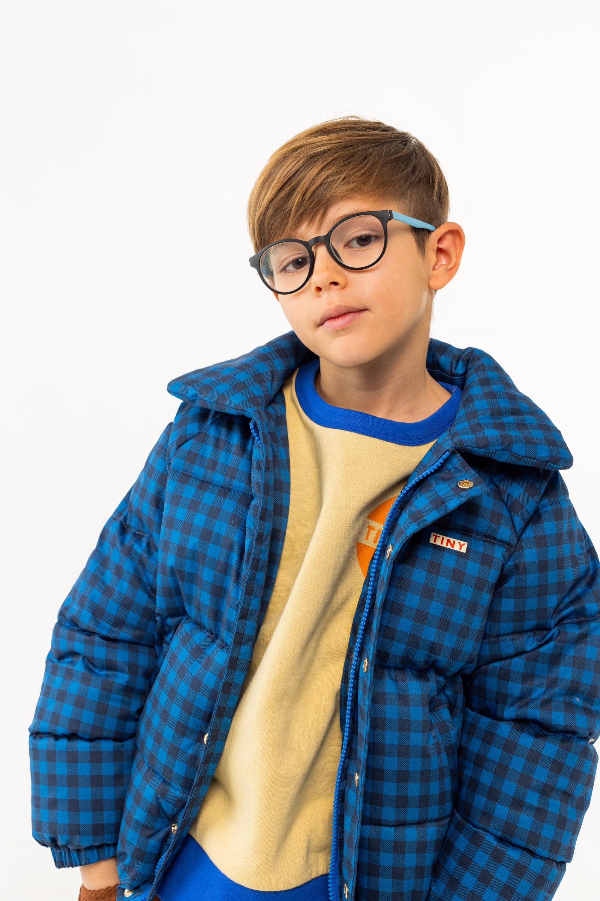 TINYCOTTONS] Vichy Short Padded Jacket - Blue / Navy – 해피리틀애틱