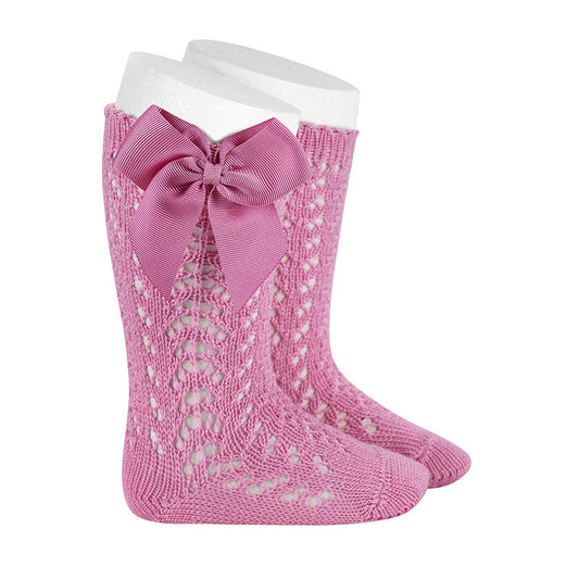 [Condor] Perle Openwork Knee-High Socks With Grosgrain Bow [568 Chewing Gum]