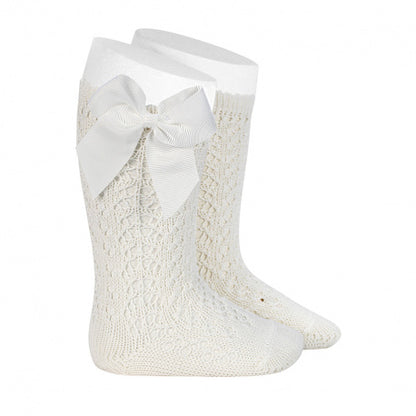 [Condor] Perle Openwork Knee-High Socks With Grosgrain Bow [202 Cream]
