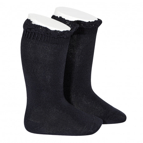 [Condor] Knee Socks With Lace Edging Cuff - [480 Navy Blue]