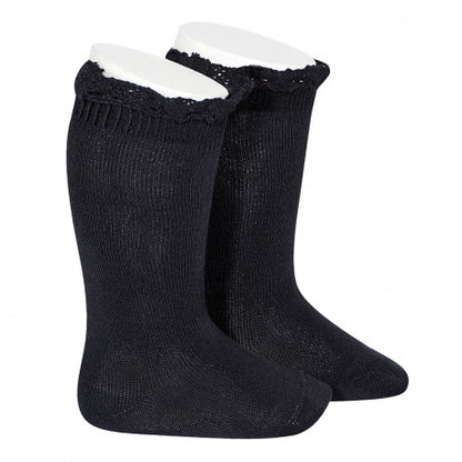 [Condor] Knee Socks With Lace Edging Cuff - [480 Navy Blue]