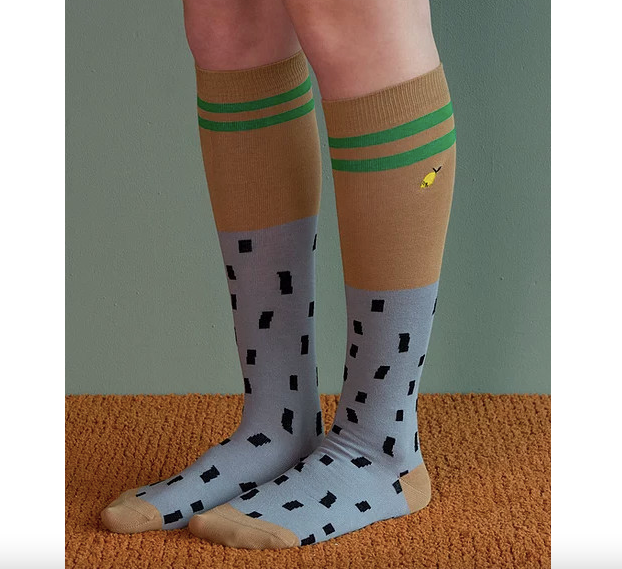 sticky lemon knee high socks-steel blue +brassy green