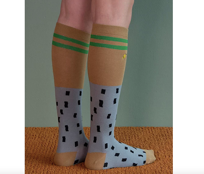 sticky lemon knee high socks-steel blue +brassy green